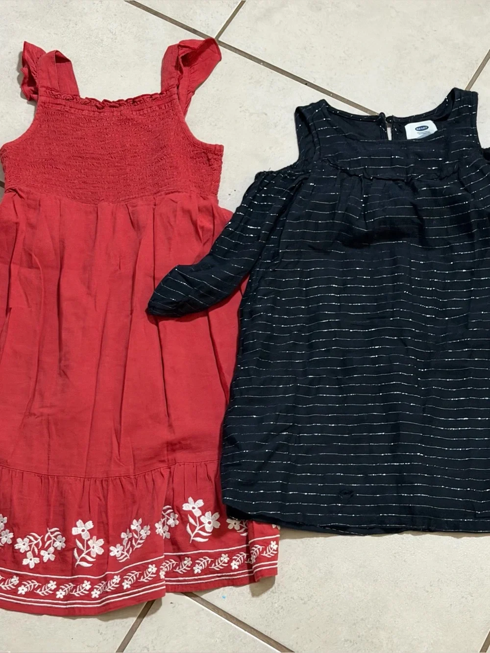 Old Navy Kids Girls Red Embroidered Sundress & Black Metallic Stripe Dress S(6/7